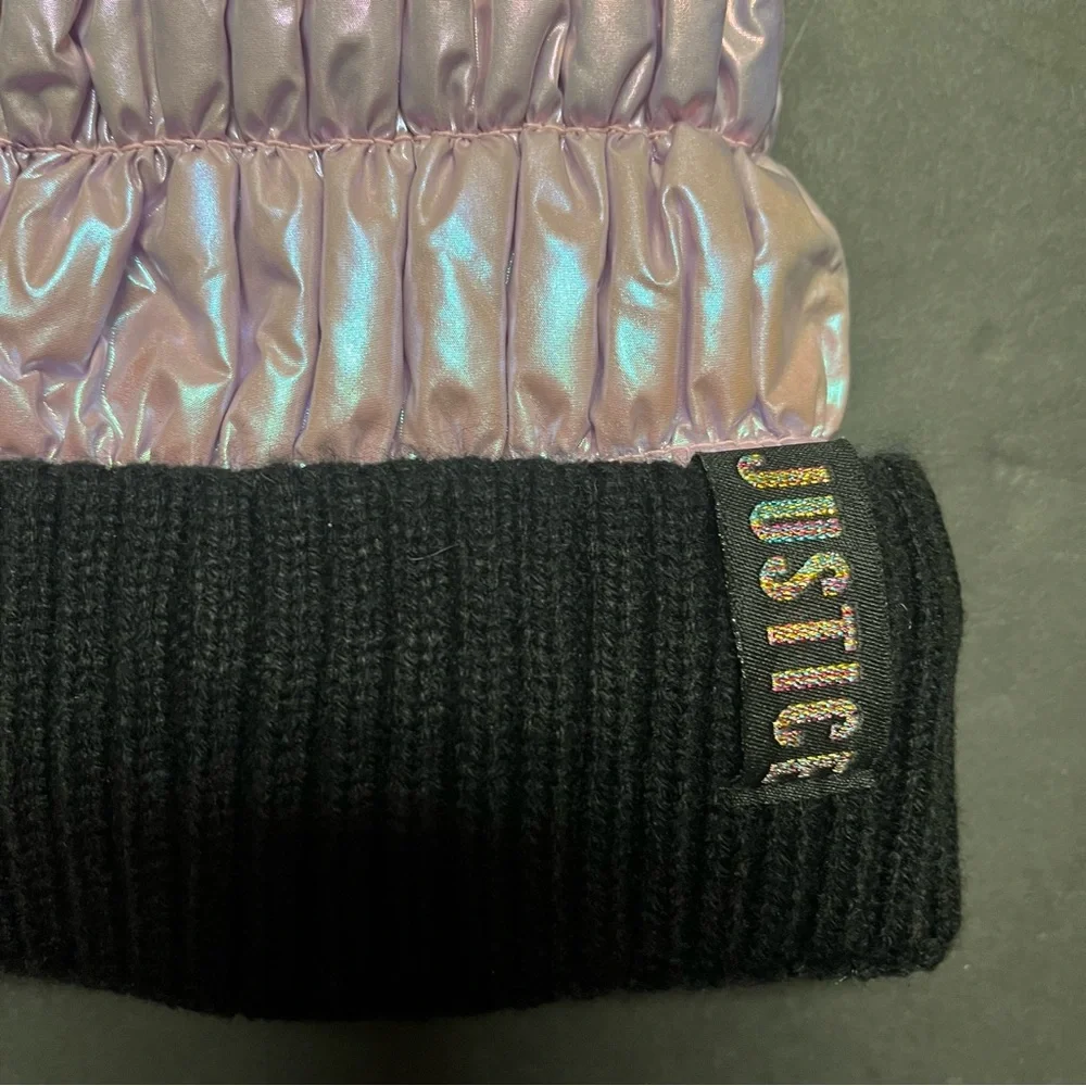 2 Justice Girls Y2K Beanies Quilted‎ Metallic Puffer Pom Pom Faux Fur Hats